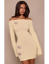 Petite Butter Yellow Star Embellished Long Sleeve Knitted Mini Dress - 1