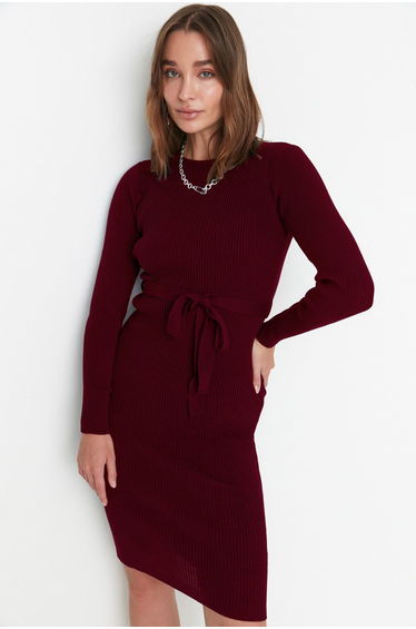 Burgundy Midi Knitwear Belt Detailed Dress
