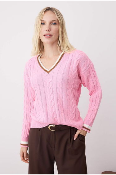 Pink Hair Knitted College Themed Sweater
