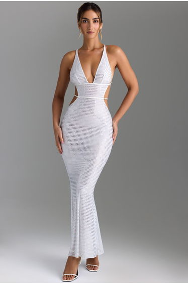 Embellished Cut-Out Maxi Dress in White