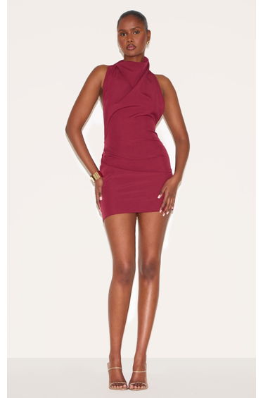 Wine High Neck Cowl Backless Bodycon Dress