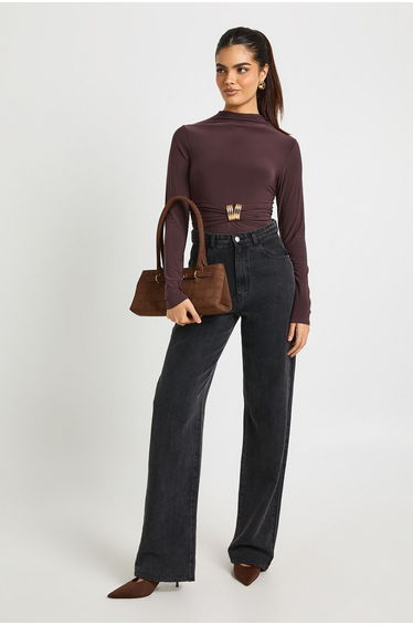 Trim Detail Grown On Neck Long Sleeve - chocolate