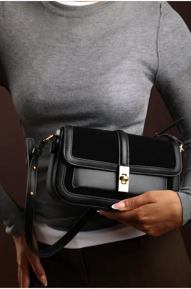 Coral Black Suede Structured Shoulder Bag with Gold Lock