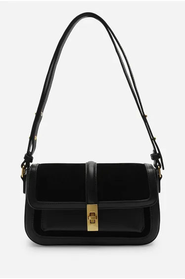Coral Black Suede Structured Shoulder Bag with Gold Lock