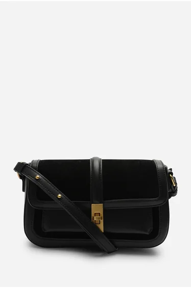 Coral Black Suede Structured Shoulder Bag with Gold Lock