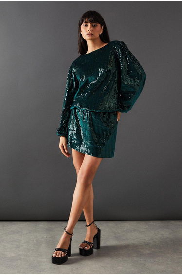 Velvet Sequin Blouson Long Sleeve Mini Dress