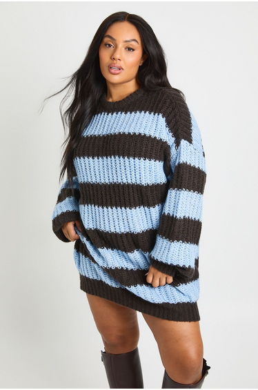 Plus Chunky Knit Oversized Crew Neck Jumper - blue