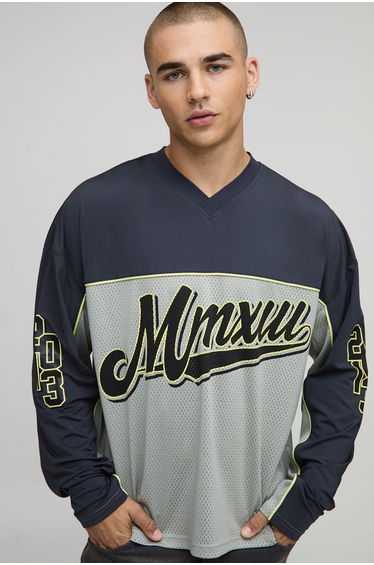 Oversized Boxy Mesh Varsity Long Sleeve Hockey Top