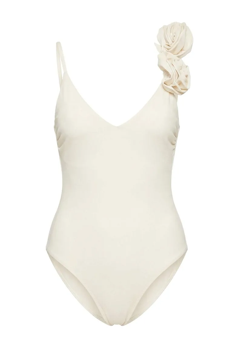 Ecru V-Neck Covered Floral Appliqué Regular Swimsuit - 1