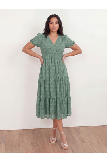 Lovedrobe Sea Green Short Sleeve Floral Burnout Midi Dress