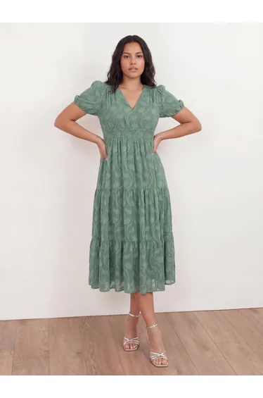 Lovedrobe Sea Green Short Sleeve Floral Burnout Midi Dress