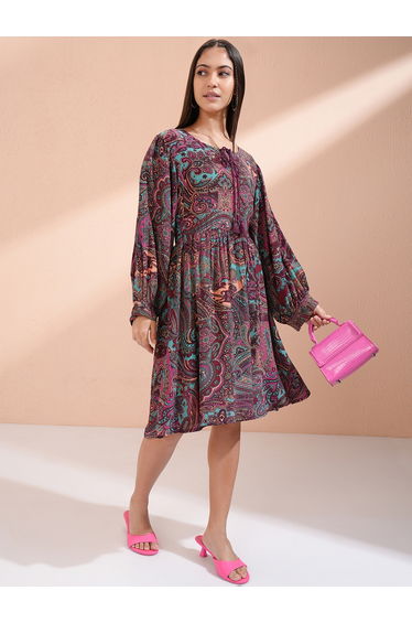 Women Paisley Print Tie-Up Neck A-Line Knee-Length Dress