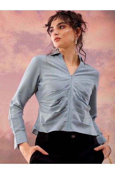 Women Blue Regular Fit Top with Zip Closure