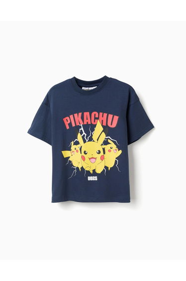 Cotton T-Shirt With Pikachu Front Print For Boys, Dark Blue