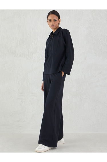 Women Navy Blue Zip-Up Top with Trousers Co-Ords