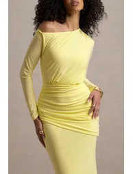 Deanna | Lemon Asymmetric Long-Sleeve Ruched Maxi Dress - 2