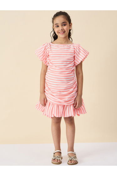 Girls Striped Puff Sleeve Pleated Dress