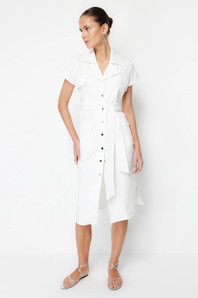 Ecru Belt Detailed Pocket Gabardine Shirt Woven Midaxi Dress - 3