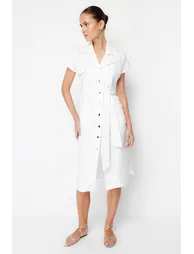 Ecru Belt Detailed Pocket Gabardine Shirt Woven Midaxi Dress - 3