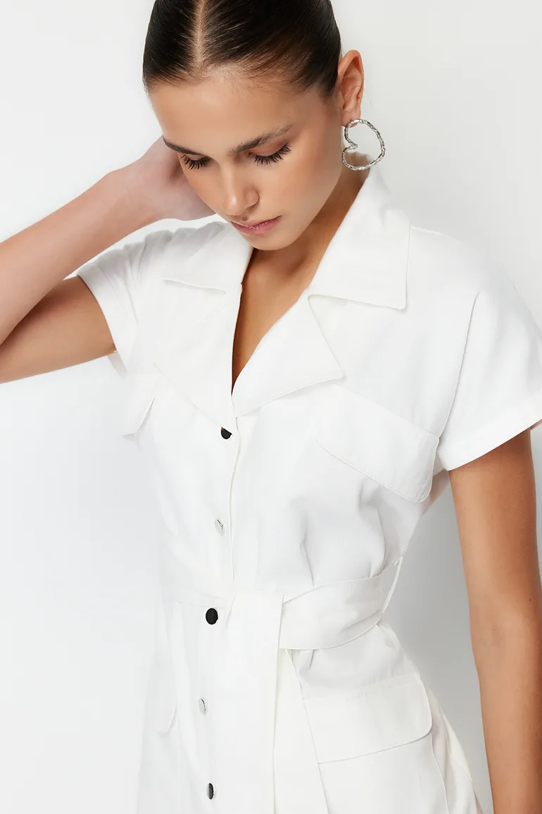 Ecru Belt Detailed Pocket Gabardine Shirt Woven Midaxi Dress - 4