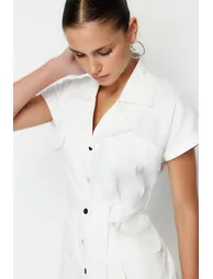 Ecru Belt Detailed Pocket Gabardine Shirt Woven Midaxi Dress - 4