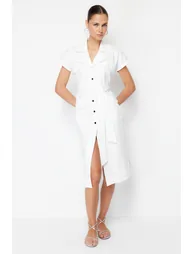 Ecru Belt Detailed Pocket Gabardine Shirt Woven Midaxi Dress - 2