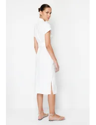 Ecru Belt Detailed Pocket Gabardine Shirt Woven Midaxi Dress - 5