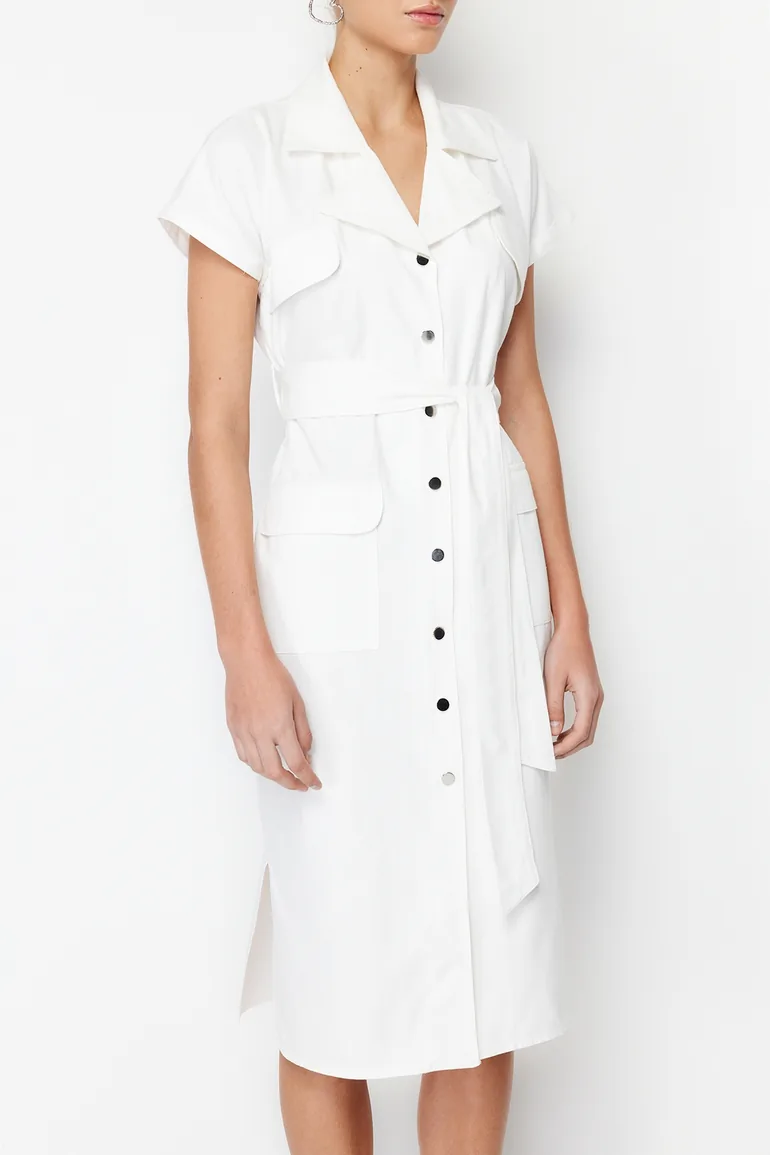 Ecru Belt Detailed Pocket Gabardine Shirt Woven Midaxi Dress