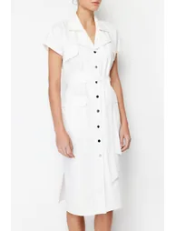 Ecru Belt Detailed Pocket Gabardine Shirt Woven Midaxi Dress