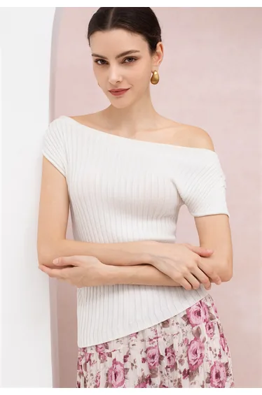Short Sleeve Asymmetric Ribbed Knit Top in White for Office Wear & Brunch Dates