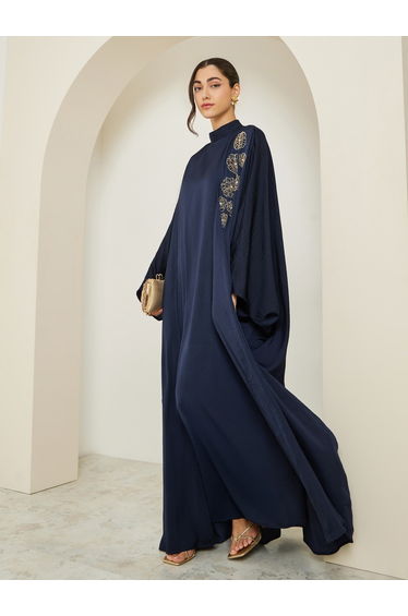 Women Navy Blue Embroidered Abaya with Jalabiya Set