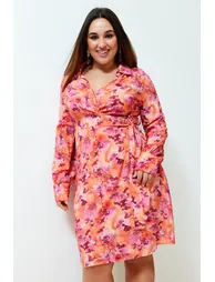 Trendyol Curve Plus Pink Floral A-Line Wrap Midi Dress - 5