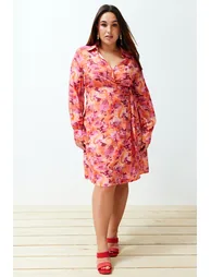 Trendyol Curve Plus Pink Floral A-Line Wrap Midi Dress - 6