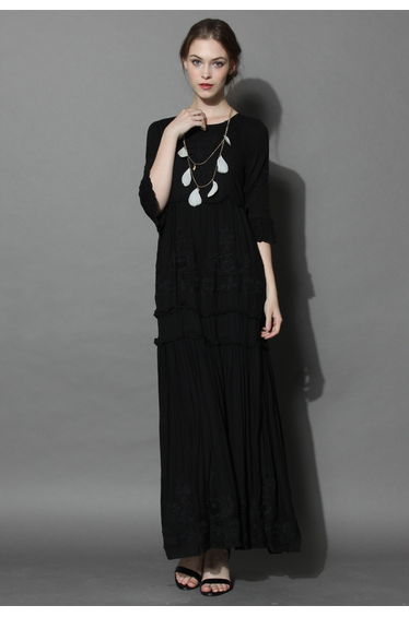 Grace Vines Embroidered Maxi Dress in Black