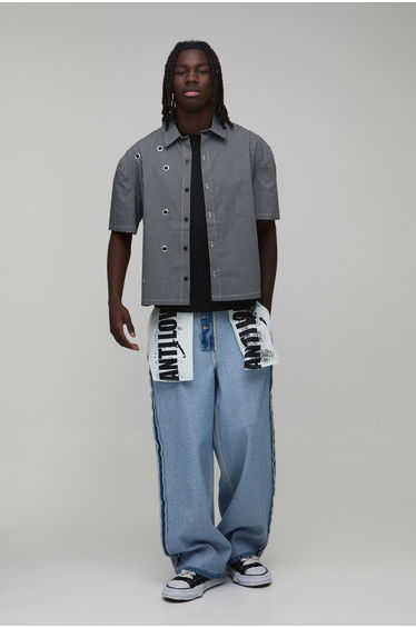 Reverse Graphic Pocket Baggy Fit Jeans - light blue