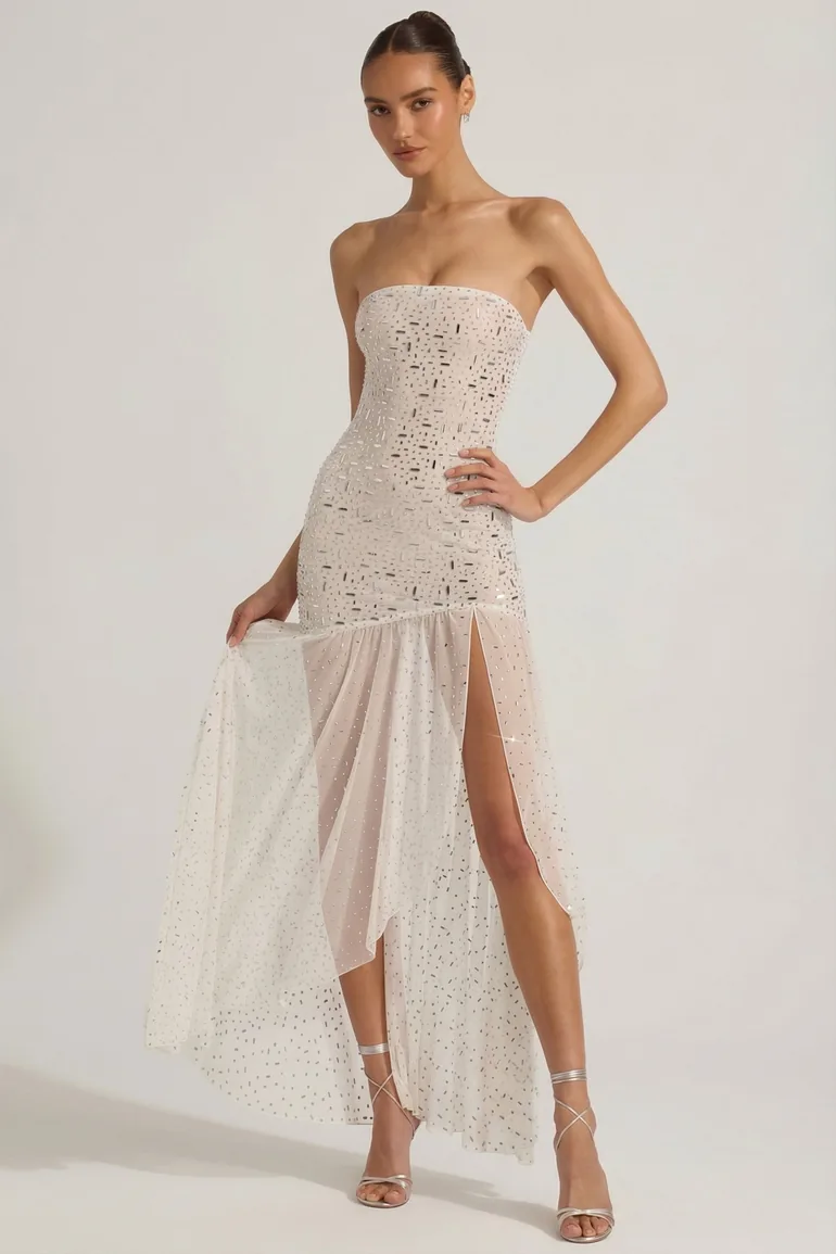 embellished asymmetric maxi dress in white Semi-Sheer Embellished Asymmetric Maxi Dress in White Oh Polly White :  Premium Dresses : VogaCloset Saudi Arabia