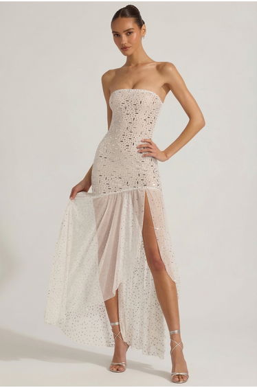 Semi-Sheer Embellished Asymmetric Maxi Dress in White