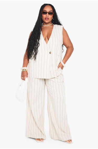 Plus Tailored Linen Stripe Trouser - cream