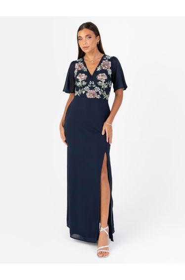 Maya Navy Floral Embellished Short Angel Sleeve Maxi Dress with Skirt Split