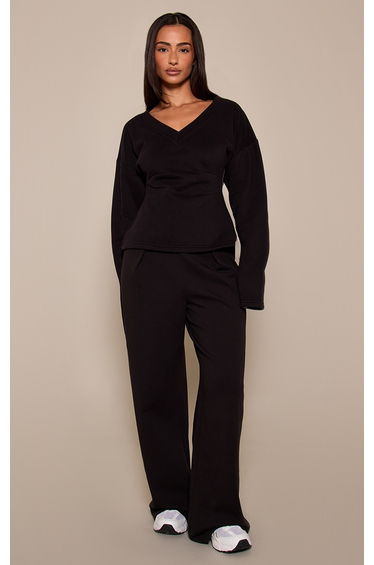Petite Black V Neck Cinched Waist Sweatshirt