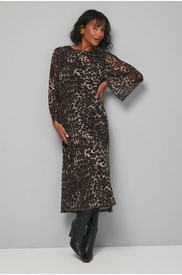 Black Leopard Print Mesh Midi Dress