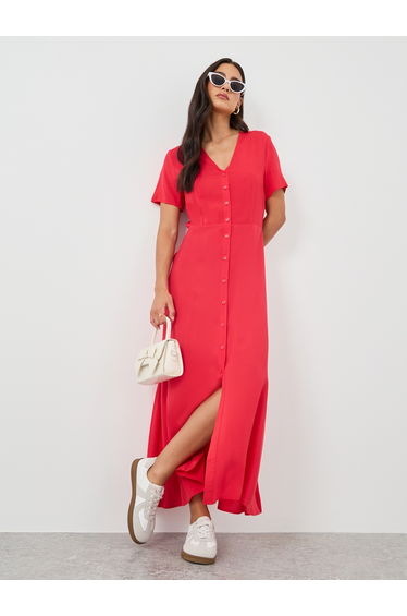 Solid Short Sleeves A-Line Maxi Dress