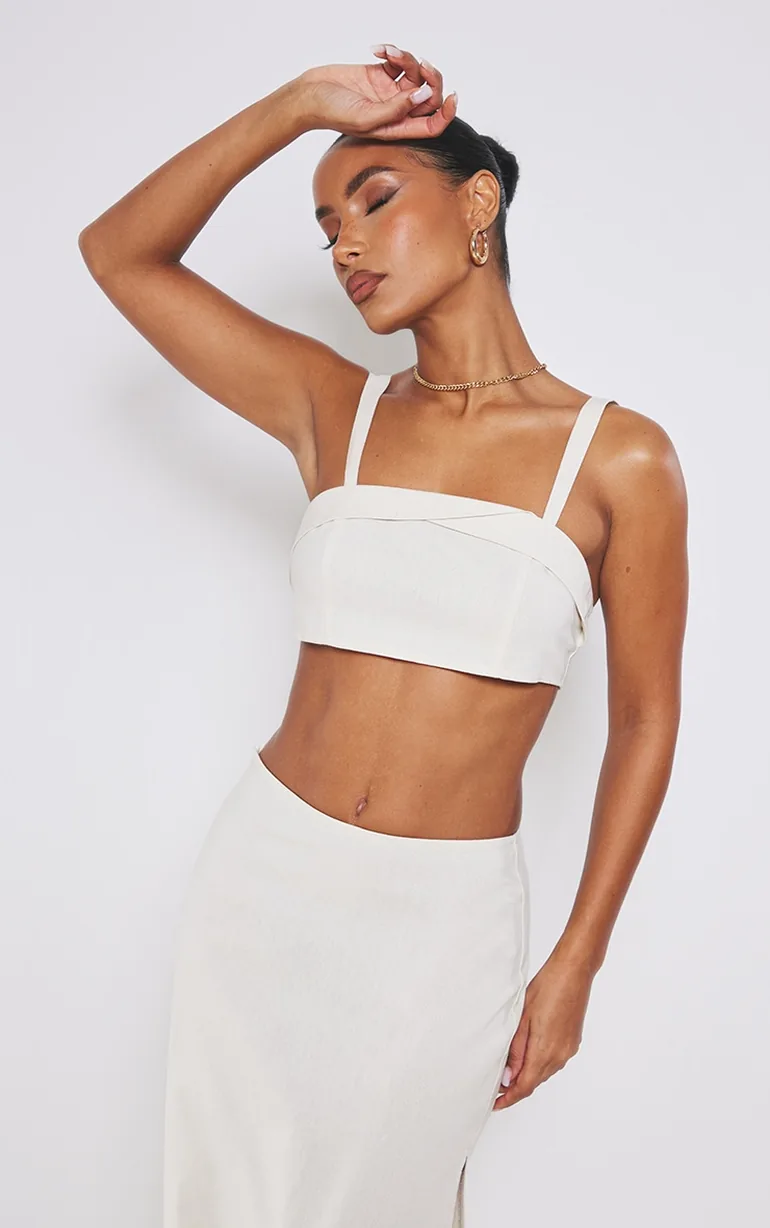 Cream Linen Look Foldover Detail Structured Bralet