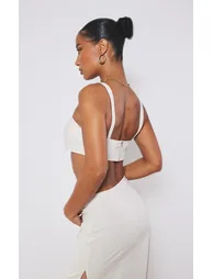 Cream Linen Look Foldover Detail Structured Bralet - 1