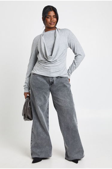 Plus Halterneck Cowl Double Layer Long Sleeve Top - grey