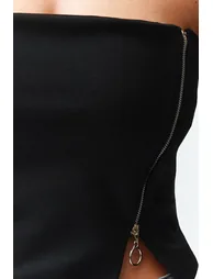 Black Zippered Asymmetrical Strapless Crop Knitted Blouse - 3
