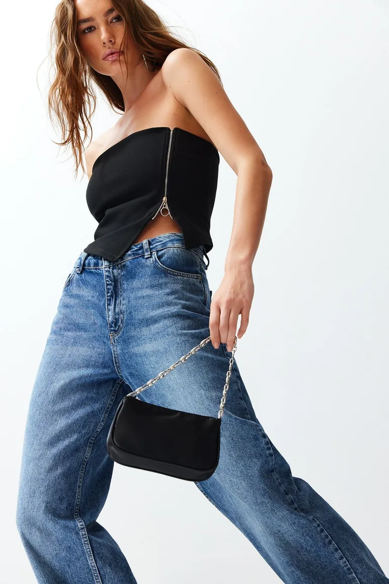 Black Zippered Asymmetrical Strapless Crop Knitted Blouse - 1