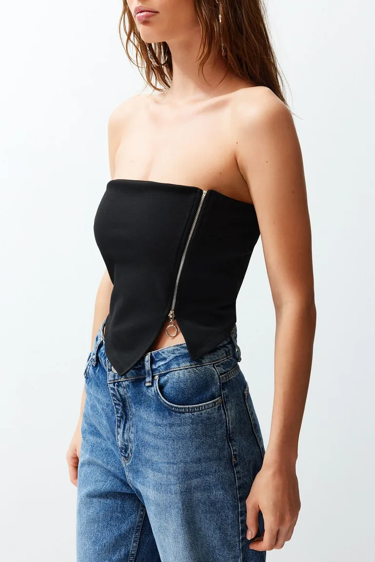Black Zippered Asymmetrical Strapless Crop Knitted Blouse - 4