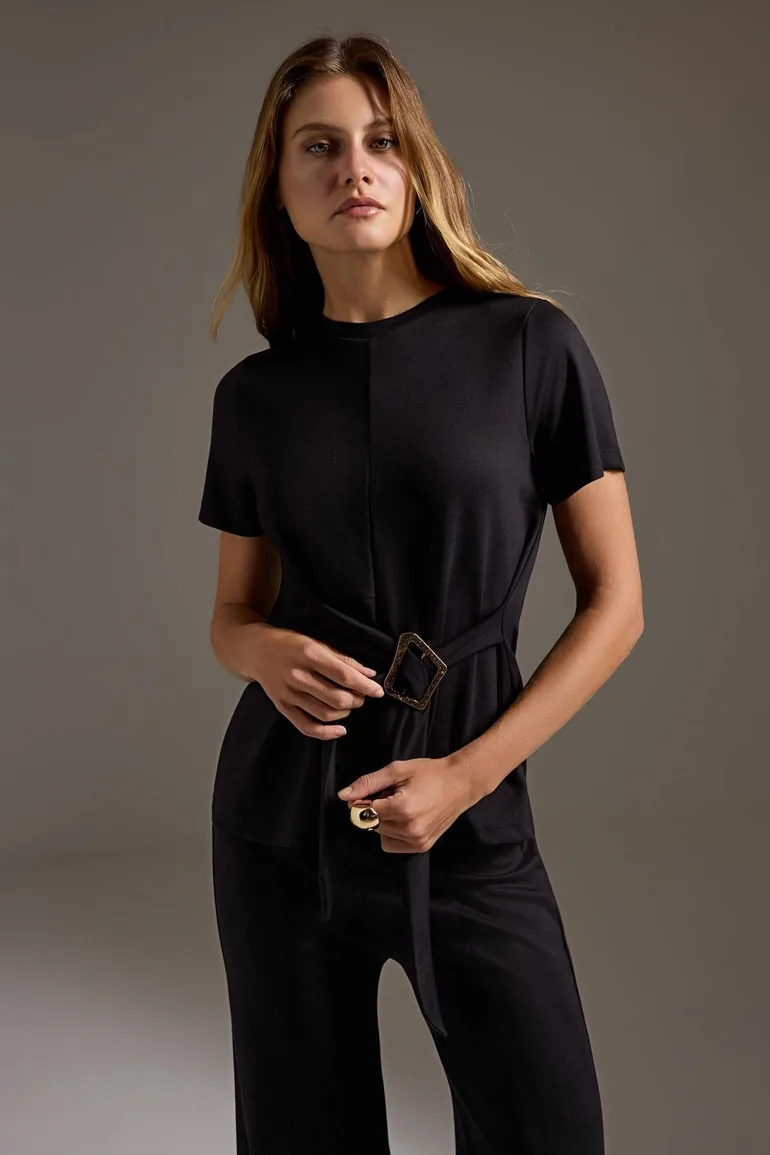 Black Plain Regular Fit Belt Detailed Accessory Soft Touch Knitted Top and Bottom Set - 1