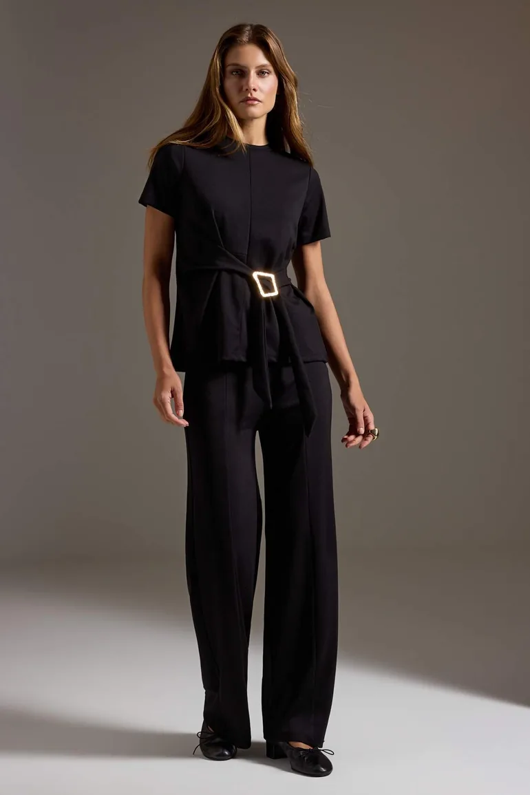 Black Plain Regular Fit Belt Detailed Accessory Soft Touch Knitted Top and Bottom Set
